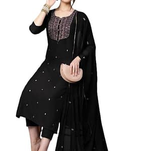 GoSriKi Women's Cotton Blend Embroidered Straight Kurta with Pant & Dupatta